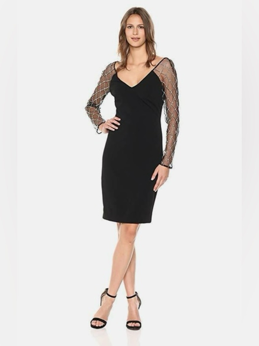 NWOT Badgley Mischka Black Midi Dress with Embellished Sheer Sleeves